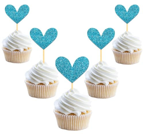 24 Pièces Décoration de Gâteau Coeur Brillante Cupcake Topper, Décoration Saint Valentin Cake Topper, Gâteau Deco non Comestible pour Saint Valentin Mariage Anniversaire Fête (Bleu)