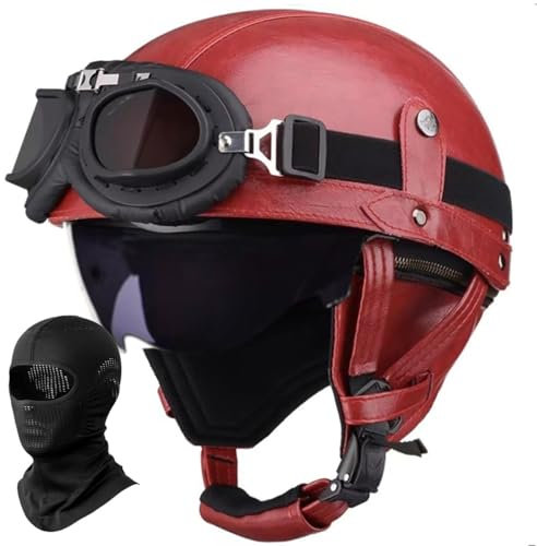 Deutscher Leder Motorrad Halbhelm für Erwachsene Männer Frauen, Vintage Halbschalen-Helm ECE Geprüft Halbschalenhelm mit Schutzbrille Visier, für Fahrrad Cruiser Scooter Chopper