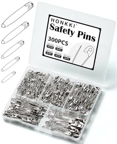 Silver Safety Pins 300 PCS, 5 Assorted Sizes of Durable, Small and Large Safety Pins Bulk, Sharp Edge Pins for Clothes, Sewing, Arts & Craft