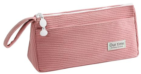 Vaolmlop Sac à Crayons, Double Couche Trousse en Velours Côtelé, Grande Trousse de Papeterie, Multi-Fonction avec Fermeture Éclair (Couleur Rose)