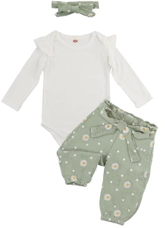 ABOHU Vetement Bebe Fille Nouveau-né Barboteuse à Volants Manche Longue + Floral Pantalon + Bandeau + Ceinture Ensemble, Vêtements Bébé Fille 95% coton pour Bébé 0-12 Mois Automne Primtemps