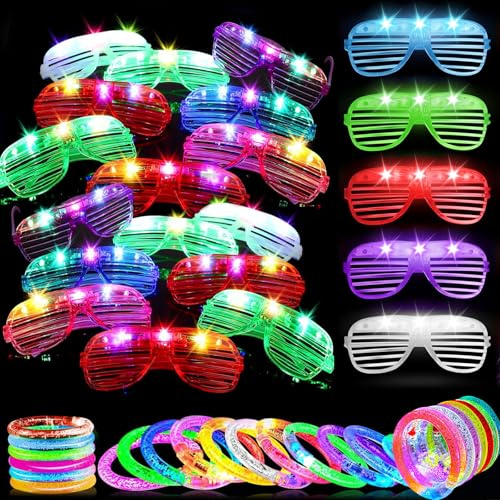 Defresit 24 Pcs Neon glasses , 24PCS Glow Bracelets, Shutter Unisex 6 Colors Party Flashing Props, 3 Modes light up glasses, Led neon accessories, for Christmas Wild Clubbing Birthday Party