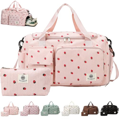 AUNGKWANG Sac de Sport pour Femme, Fraises Velours Côtelé, Étanche Sac de Voyage avec Compartiment à Chaussures, Compartiment Humide et Petit Portefeuille, pour Voyage, Fitness, Sport, 48x22x27 cm
