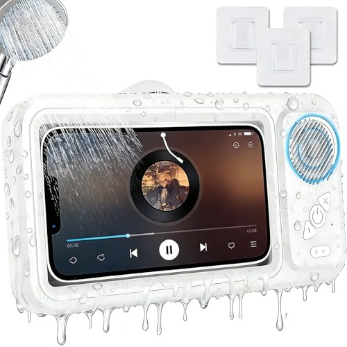 Tasunte Shower Phone Holder with Wireless Bluetooth Speaker, Waterproof Shower Phone Case for Any Phone, Hands-Free Bathroom Entertainment, Play Music and Take Calls (White)