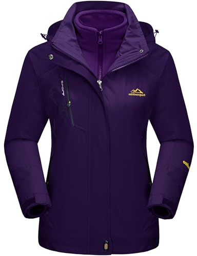 TACVASEN Waterproof Jacket Womens Sports Jacket Skiing Winter Fleece Full Zip Hoodies Warm Jacket Ladies Snow Cold Outdoor Jacket Cargo Ski Jacket Windproof Snowboard Mountain Parka Purple
