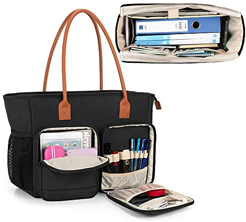CURMIO Teacher Tote Bag for Women, Work Bag with Padded Laptop Sleeve, Fits Educator, Black (Bag Only, Patented Design)