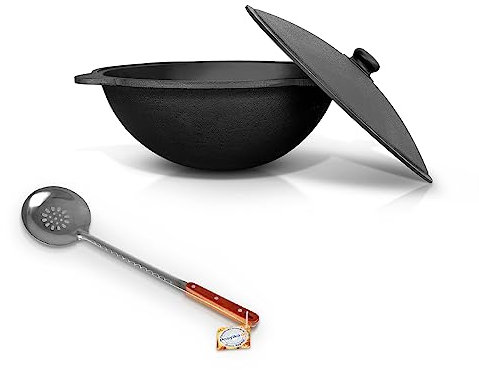 Gusseisen Kazan 10 L Uzbekisch mit Aluminiumdeckel Uzbekistan Schaumlöffel für Plov, 48 cm Kochtopf WOK Plov плов казан Kasan Feuerofen Plov
