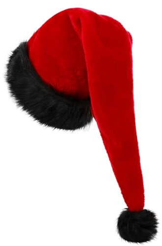 KONVINIT Lang Weihnachtsmütze Nikolausmütze Erwachsene Schwarz Plüsch weihnachtsmann mütze mit dicker fellrand,Santa Clause Mütze für Weihnachtsfeier,rot und schwarz
