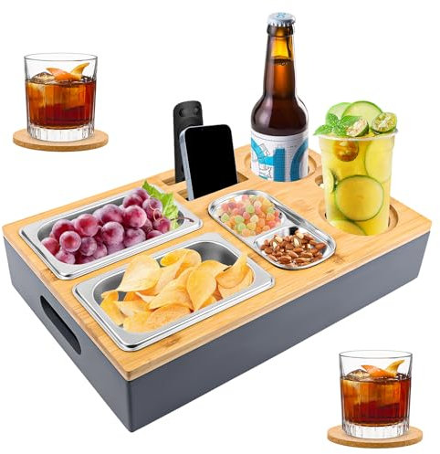 NVIYAM Snackbox,Bandejas para Servir Comida,con Cuencos para Aperitivos de Acero Inoxidable,Organizador de sofá, Bandeja para salón, Dormitorio, jardín, Camping