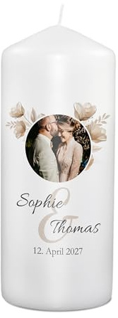 PhotoFancy® - Personalisierte Hochzeitskerze - Fotokerze mit eigenem Foto/Text bedrucken lassen - Kerze mit Hochzeits-Design: Romantischer Glanz - 19 cm Höhe