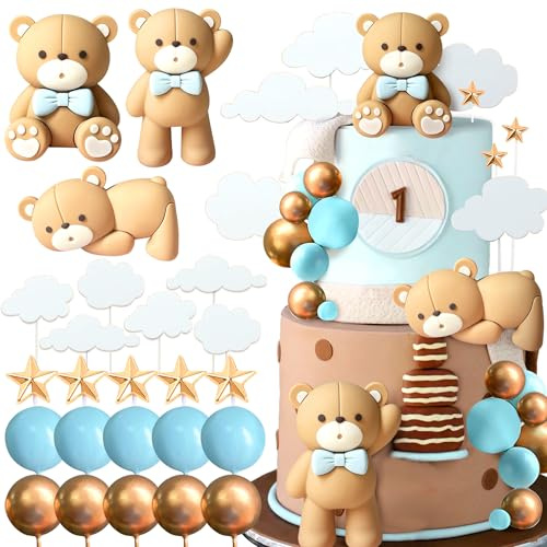 JeVenis lusso orso blu topper per torta con palline d'oro blu orsi decorazione per torta di compleanno babyshower