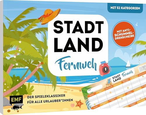 Stadt, Land, Fernweh – Der Spieleklassiker für alle Urlauber*innen. Der ultimative Stadt, Land, Fluss-Spieleblock mit 52 Kategorien und Anti-Schummel-Drehscheibe