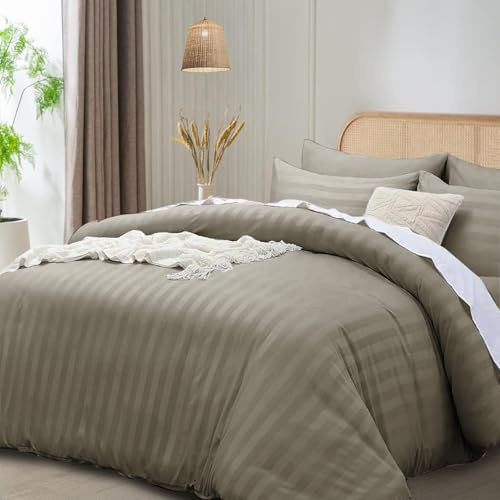 Funky Gadgets - Set copripiumino super king beige, in microfibra satinata a righe, set di biancheria da letto di lusso per hotel con federe, traspirante, ultra morbido, copripiumino reversibile.