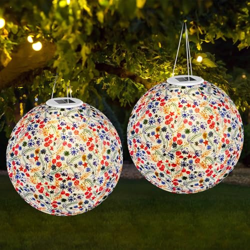 2 Piezas Farolillos Solares Exterior, 30cm Impermeables Farolillos Solares LED Exterior Suspensión Lanterne, Redondos Estilo Oriental Chino Lanterne para Hogar Jardín Terraza Fiesta Decoracion