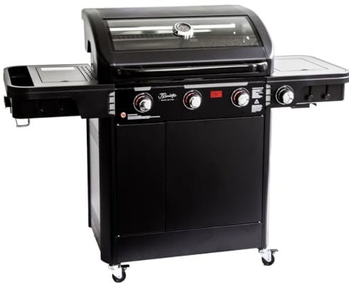 DOLCEVITA | Barbecue JRoadster a Gas GPL 3 Fuochi con Cappa in Vetro, Infrarossi, Griglie in Ghisa, Carrello e Ripiani Laterali – Potenza Totale 10,2 kW – 10 Coperti – Nero