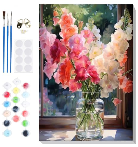 Lxmsja Flores Pintar por Numeros Adultos con Marco, DIY Cuadros para Pintar Flor Colorear por Números Lienzos, Pintura Acrilica Manualidades Adulto Decoracion Hogar Pared 20x30cm