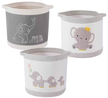 3-Piece Woven Baby Toy Blanket Storage Baskets Laundry Hampers Set, Elephant Design Foldable Nursery Organizer for Toys Clothes Stuffed Animals, Roomy Sturdy Hamper for Baby Gift Nursery Decor Basket