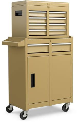 GOPLUS Servante d’Atelier avec Coffre Amovible, 28 x 59 x 102CM, Caisse à Outils Roulant avec 5 Tiroir Verrouillable & Armoire à Étagère Réglable, Poignée Latérale, pour Garage, Atelier(Jaune)