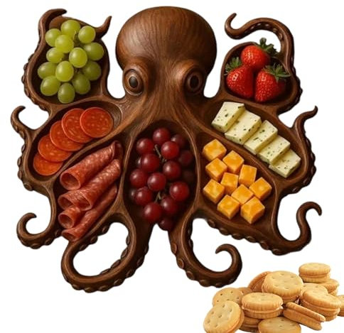 Platos De Madera - Plato De Charcutería De Pulpo | Bandeja Náutica para Queso | Tabla De Charcutería con Forma De Pulpo | Plato De Charcuterie Octopus | Bandeja De Charcutería