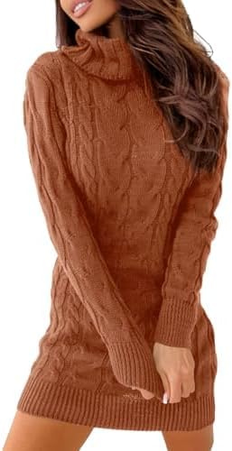 Ebifin Stickad klänning för damer med polokrage, elegant tröjklänning, vinterklänning i stretchigt material, BRUN, XL