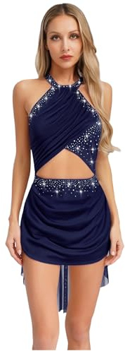 inlzdz Body da Gara Pattinaggio Artistico Donna Strass Leotard da Balletto Senza Maniche Vestito Danza Classica Moterna Abito da Ballo Latino Americano Blu Scuro M