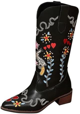 Cowboystiefel Damen Schwarz Leder, Damen Western Cowboystiefel Blumemuster Schlupfstiefel Blockabsatz Lederstiefel Kunstleder Arbeitsstiefel Große Größe Keilstiefeletten Weitschaft Trachtenstiefel