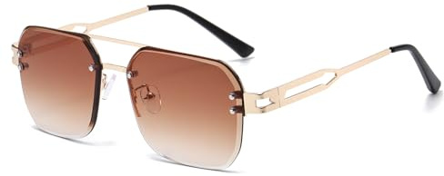 Long Keeper Pilot Lunettes de soleil carrées sans monture pour homme et femme - Double pont - En métal teinté - Protection UV400 - Nuances vintage, Monture dorée - Verres marron dégradé