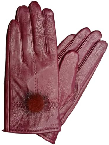 YISENJEE Guanti Di Pelle Da Donna Pompon Da Donna In Finta Pelle Di Pecora, Caldo, Protettivo E Anti-Congelamento, Con Dita Intere, Colore Bordeaux