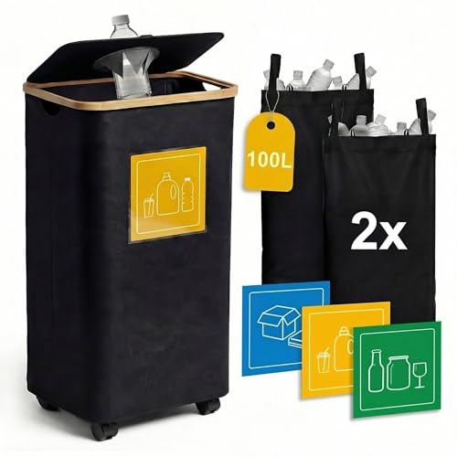 Viviendo 100L Foldable Recycling Bin for Kitchen with Wheels and 2 Bags