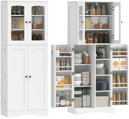 HOMCOM Armario de Cocina Despensa Cocina 10 Estantes 60x40x162 cm Blanco | Puertas Acrílicas Cierre Suave, 8 Compartimentos, 4 Estantes Ajustables, Alacena Modern para Comedor