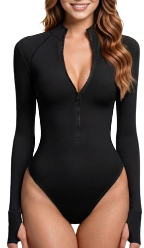 aprberry Women's Long Sleeve Bodysuit Sexy Zip Up Mock Neck Jumpsuits One-Piece Curve-Hugging Soft Stretchy Leotards Going Out Tops