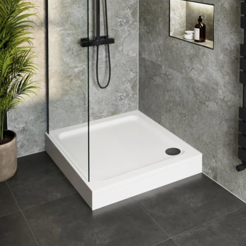 Hydrolux® 800 x 800 x 140mm White Bathroom Shower Tray for Enclosures Cubicles & Wet Room with Black Waste + Riser Kit, Square