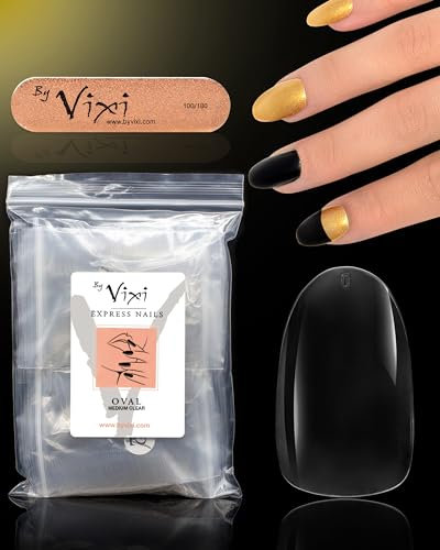 By Vixi 600 MITTEL OVALNÄGEL mit VORBEREITUNGSFEILE, 10 Größen - Durchsichtig Express-Fingernagelverlän gerungen, vollabdeckung. Für Profis & den Heimgebrauch