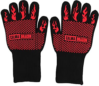 Calma Dragon Guantes Extremadamente Resistentes al Calor BBQ 932F Altas Temperaturas, Guantes Barbacoa, Guantes de Ignífugos para Cocinar Horno y Cocina Protección Antideslizantes Silicona