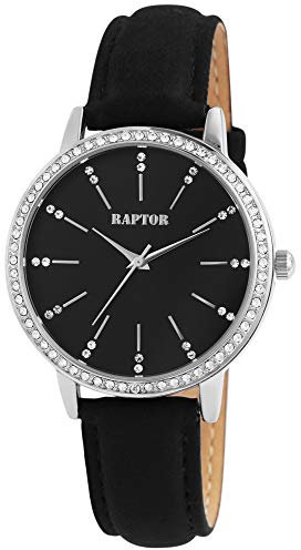 Raptor Damen-Uhr Echt Leder Armband Strass Glitzer Elegant Analog Quarz RA10176 (schwarz)
