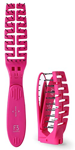 F3 Systems Compact Folding Hair Brush with Mirror - Detangling Comb for Adults & Kids, Portable for Travel & Storage, Wet & Dry Hair