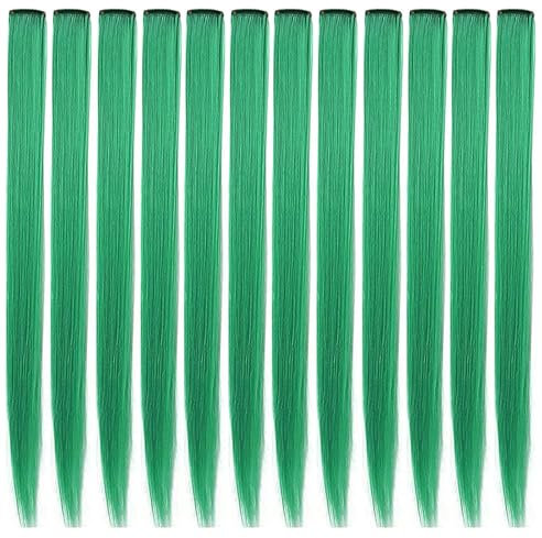 LVSHANGMAO farbige Haarverlängerungen 21 Zoll hitzebeständig gerade Party Highlight Haar Clip in Haarteile Halloween Cosplay Party Haar Zubehör Geschenk für Mädchen Kinder 12 Stück(Grün)
