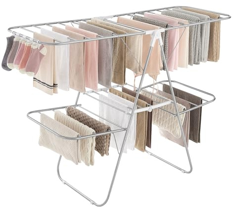 SONGMICS Clothes Drying Rack, Foldable 2-Level Laundry Drying Rack, Free-Standing Laundry Airer, with Height-Adjustable Wings, 33 Drying Rails, Sock Clips, Silver and White ULLR053W01V1