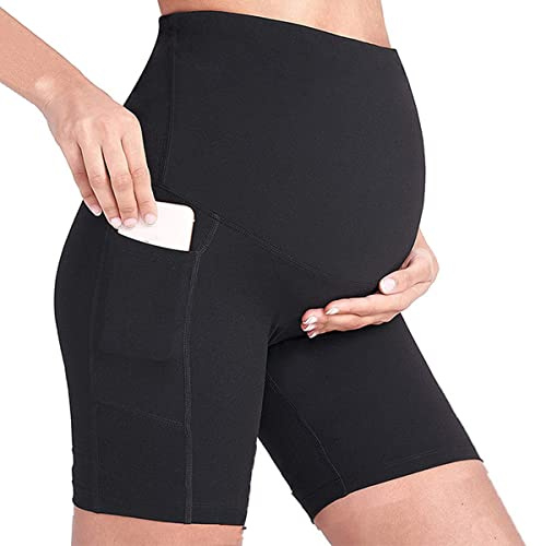Buliezy Pantalones Cortos de Yoga de Maternidad Negros Que aprietan sobre los Golpes, Cintura Alta, sin Costuras, Soporte Suave, Activo para el Embarazo con Bolsillos para el teléfono (S-XL)