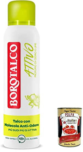 6x Borotalco, gelbe aktives Spray Deodorant, Formel ohne Alkohol und Talk mit Anti-Odor-Molekülen, 48 Stunden Wirksamkeit, Duft von Zedern und Kalk 150 ml + Italian Gourmet Polpa 400g