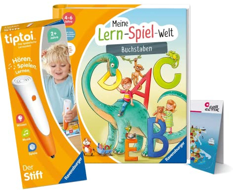 tiptoi Ravensburger Set: Meine Lern-Spiel-Welt - Buchstaben (Kinderbuch) + 00110 Stift + Kinder-Weltkarte, Lernspielzeug für Kinder