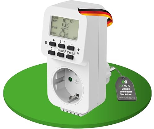 conecto Digitale Thermostat Steckdose, mit internem Fühler sowie Zeitsteuerung, für Terrarium, Gewächshaus, Räucherofen, Heizung, Temperaturregler, Kühlung und Frostwächter, 3600 Watt, weiß