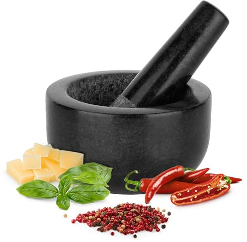 H&S Alliance Mortar and Pestle Set - Premium Stone Pestle and Mortar Grinder - Spice Herb Small Grinder for Kitchen - Pesto Guacamole Maker - 12cm (4.7) Diameter - Black Granite