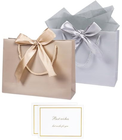 2 Stück 26× 20× 8cm Geschenktüte groß mit Schleifenbändern, Geschenktüten Geburtstag Geschenktaschen mit Henkel für Weihnachten Geburtstag Hochzeit(Silber, Champagner)