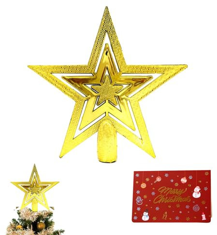 Weihnachtsbaumspitze Stern, Glitzernde Weihnachtsbaumspitze, Christbaumspitze Stern, Baumspitze Stern mit Grußkarte, Baumspitze Spitze Aufstecker für Tannenbaum Weihnachtsbaum Weihnachten (Golden)