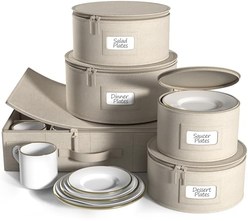 Sorbus China Storage Containers, Hard-Shell Dish Set (5 Piece Set, Beige) | Stackable carrier with felt protectors transports plates, mugs and cups during moving, holidays or parties.