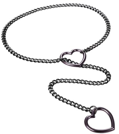 JewelryWe Choker Kette Damen Schlupfkette: Y Lariat Lange Halskette Slip Chain Schwarz Edelstahl Panzerkette mit Lila Herz Anhänger Sexy Punk Collier Geschichtet Schlank Verstellbare Halsband