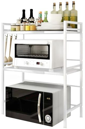 2 Niveles Estante de Microondas,Encimera de Cocina con 3 Ganchos y Soporte Placa Pegajosa,Estante de bambú de Horno,Colgar Multifuncional Organizador Estantería Cocina (Blanc（40/64*36.5*78cm）)