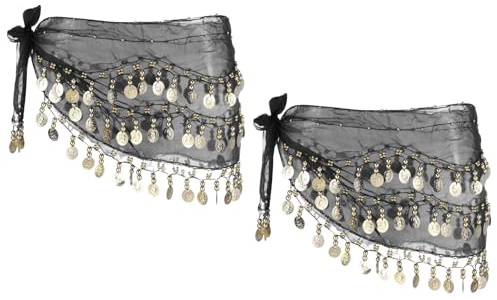 sourcing map Belly Dance Hip Scarf 57x11, 2 Pack Women's Belly Dance Costume Skirt Wrap with 72 Gold Coin for Dance or Yoga Class, Black