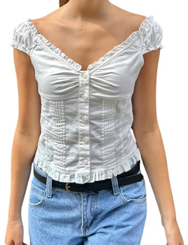 Cusghjbsg Women Y2K Ruffle Top Casual Solid Color V Neck Cap Sleeve Button Down Slim Fit Frill Shirts Summer Fairy Grunge Babydoll Blouse (Ivory B, M)